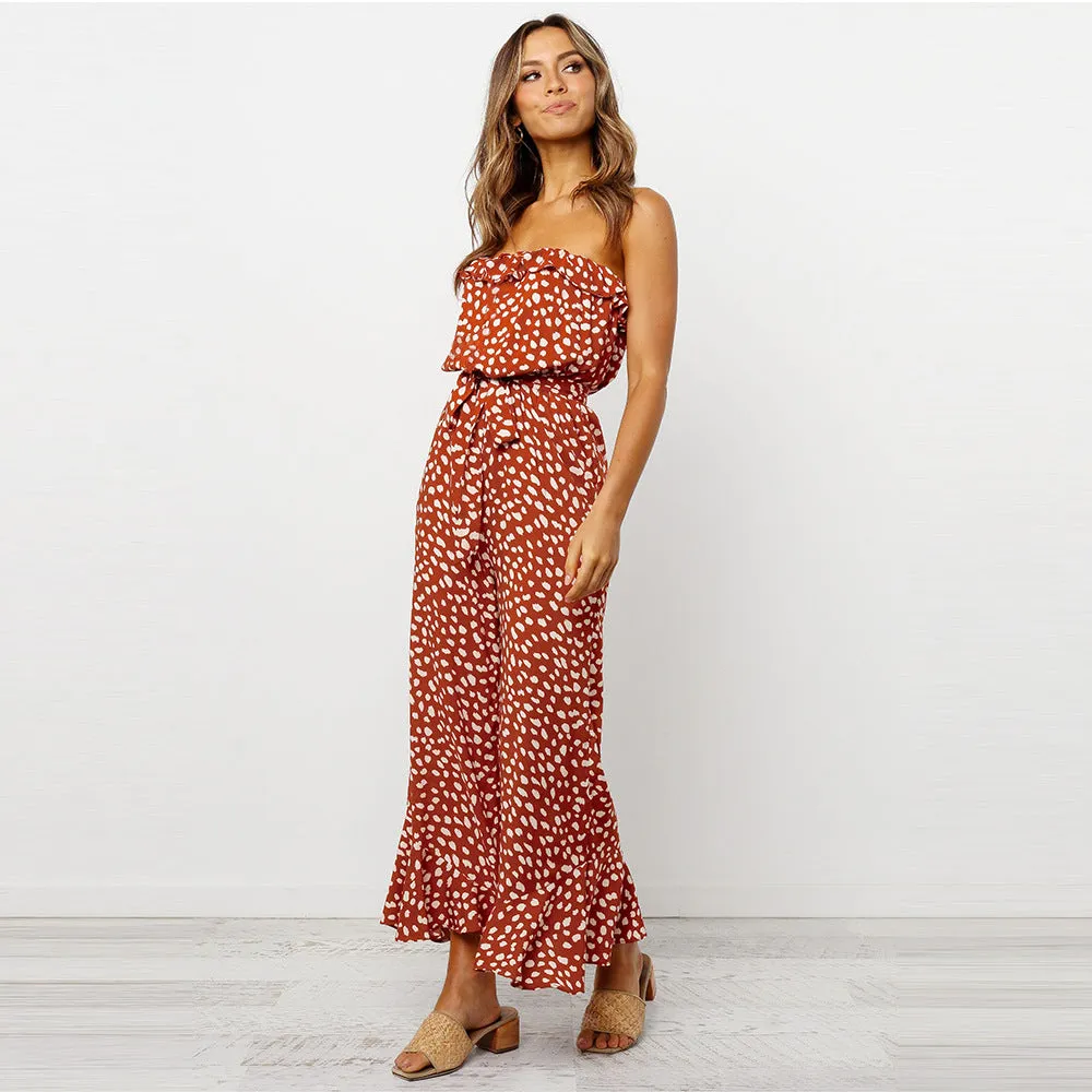 Transparent Suspenders Lace-up Ruffled Jumpsuit Tube Top Floral Loose Rompers