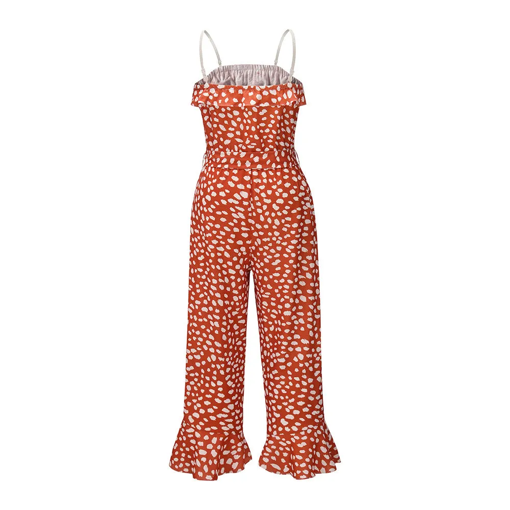 Transparent Suspenders Lace-up Ruffled Jumpsuit Tube Top Floral Loose Rompers