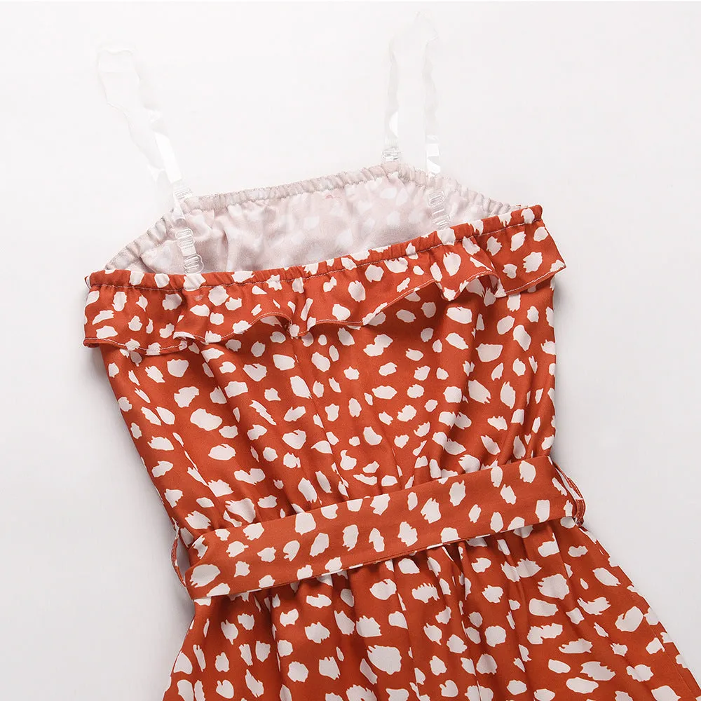 Transparent Suspenders Lace-up Ruffled Jumpsuit Tube Top Floral Loose Rompers