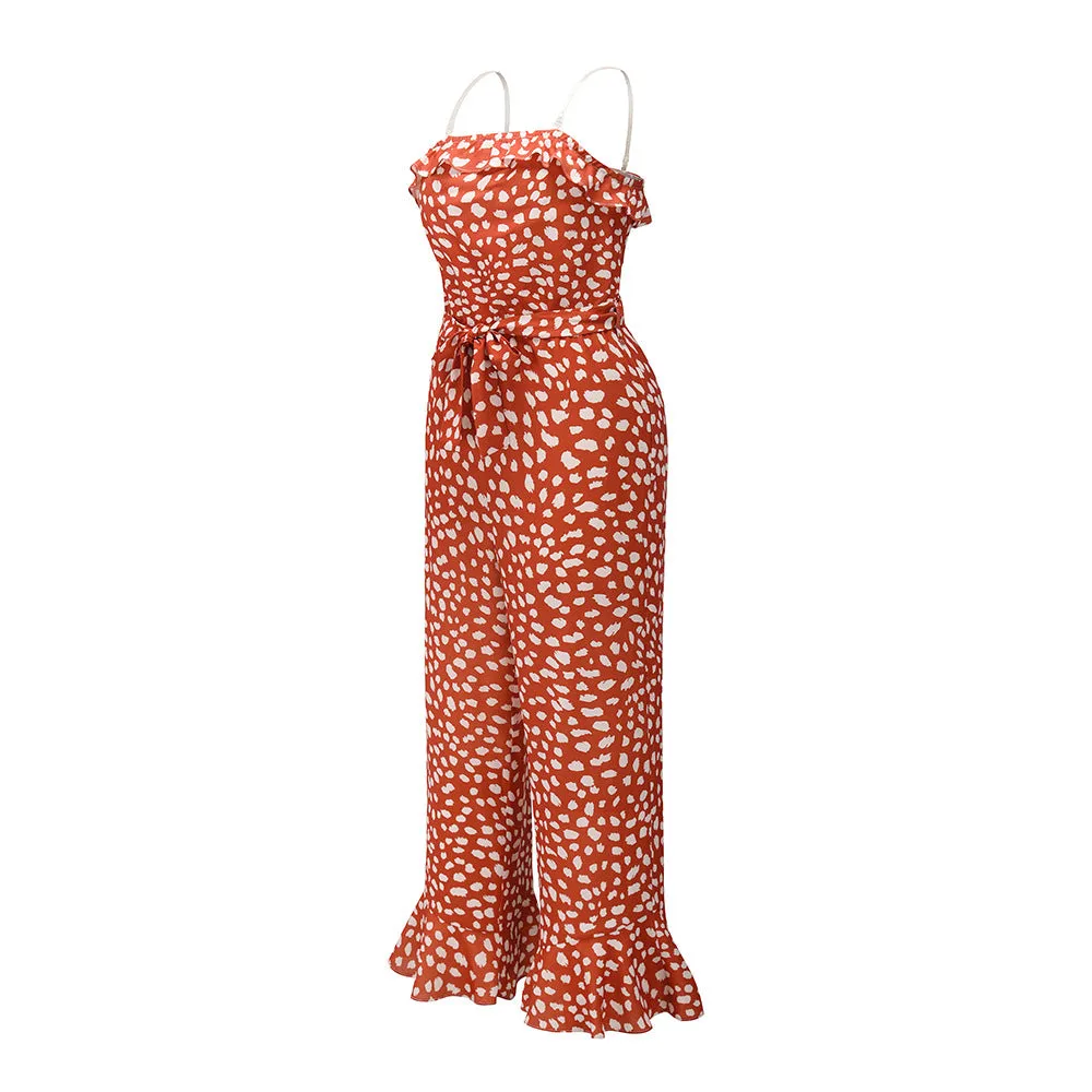 Transparent Suspenders Lace-up Ruffled Jumpsuit Tube Top Floral Loose Rompers