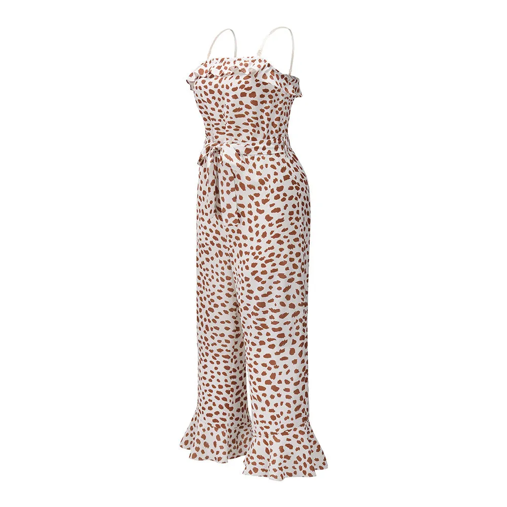 Transparent Suspenders Lace-up Ruffled Jumpsuit Tube Top Floral Loose Rompers