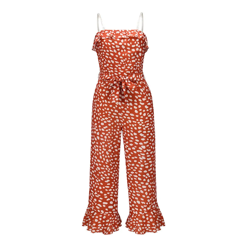 Transparent Suspenders Lace-up Ruffled Jumpsuit Tube Top Floral Loose Rompers