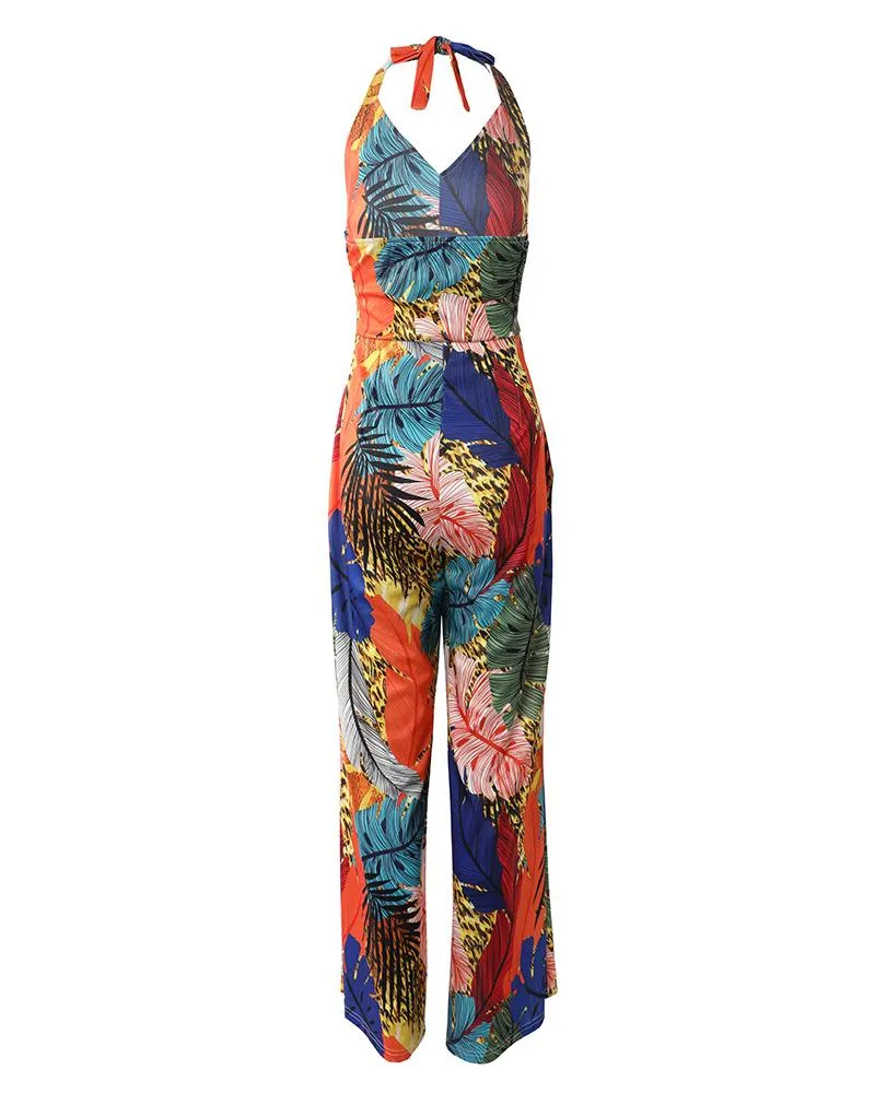 Tropical Print Halter Backless Wide Leg Jumpsuit