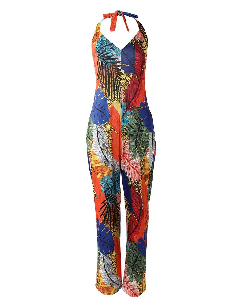 Tropical Print Halter Backless Wide Leg Jumpsuit