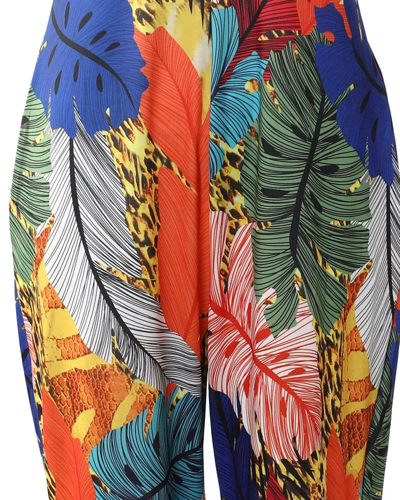 Tropical Print Halter Backless Wide Leg Jumpsuit