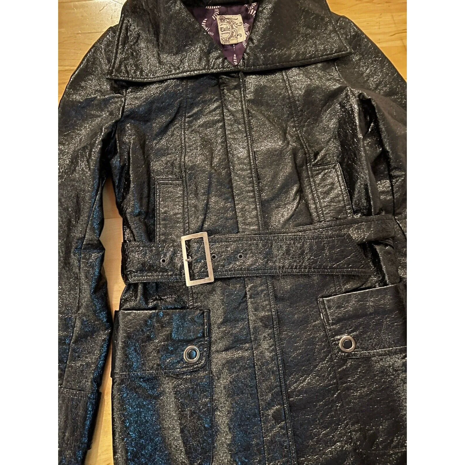 Tulle Women's Sparkle Faux Leather Black Trench Coat – Size Medium