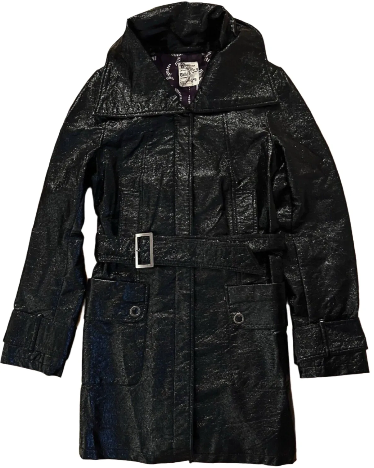 Tulle Women's Sparkle Faux Leather Black Trench Coat – Size Medium