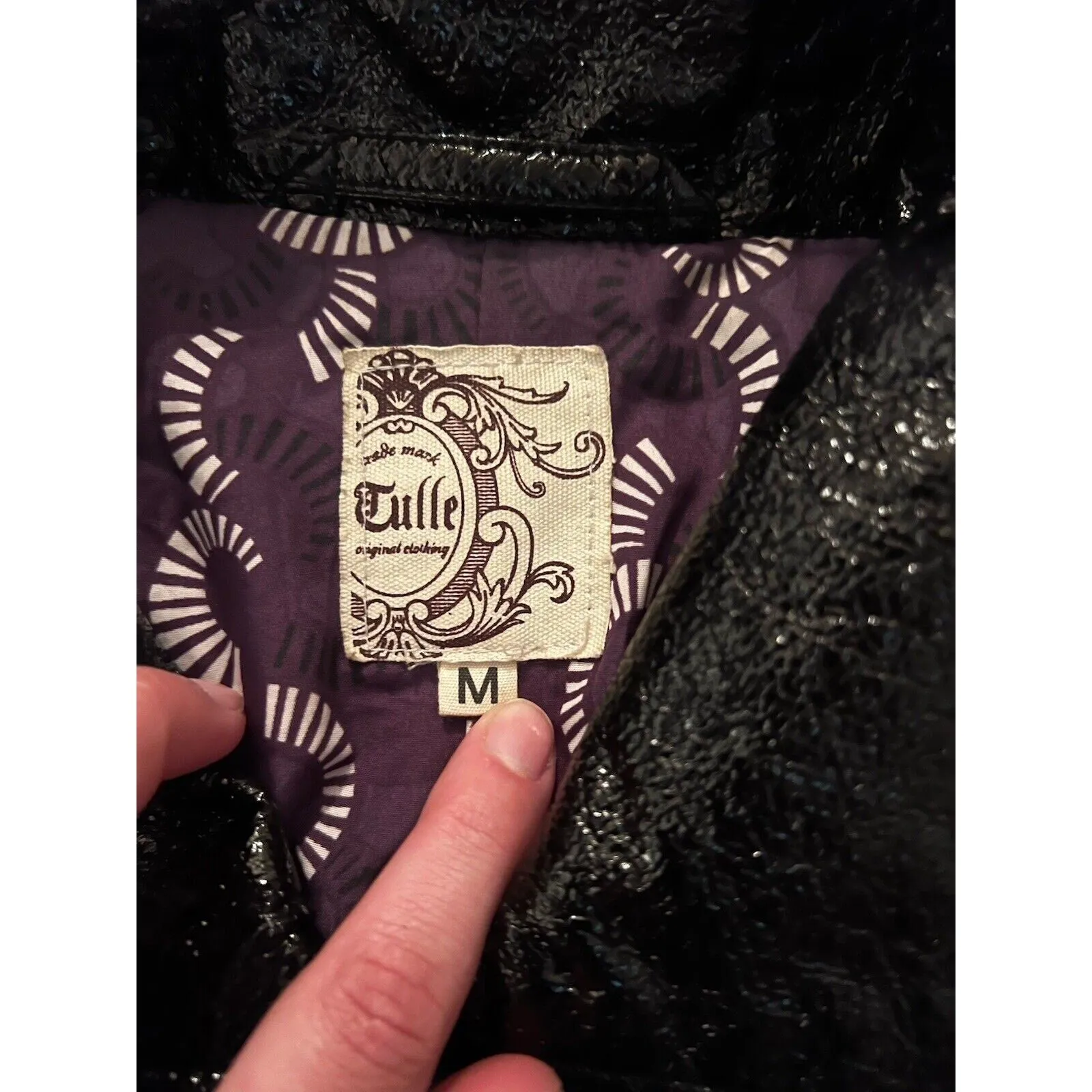 Tulle Women's Sparkle Faux Leather Black Trench Coat – Size Medium