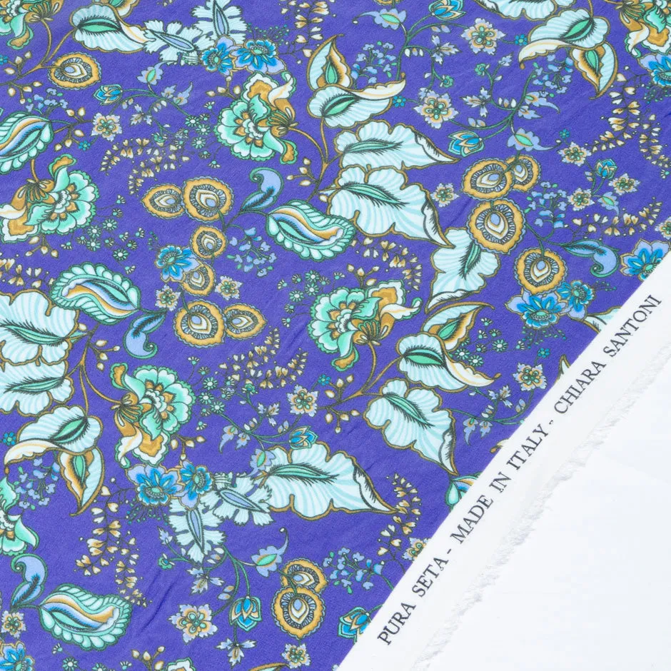 Turquoise & Yellow Floral Printed Pure Silk Georgette