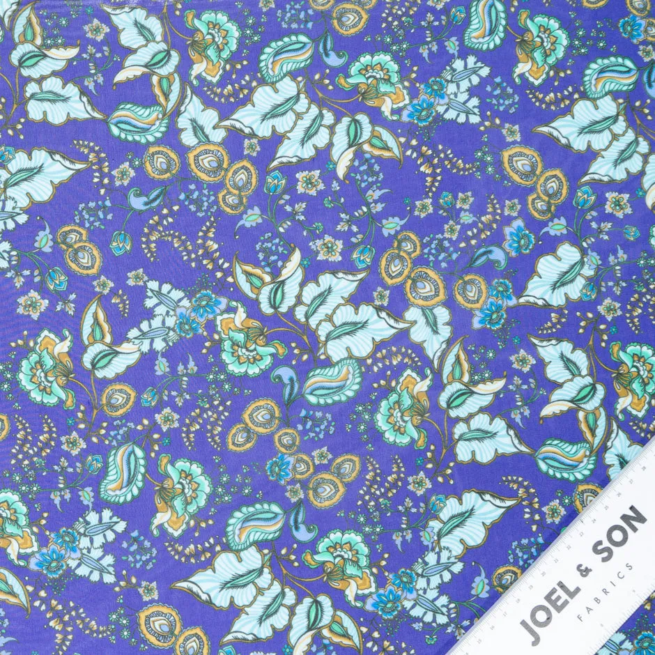 Turquoise & Yellow Floral Printed Pure Silk Georgette