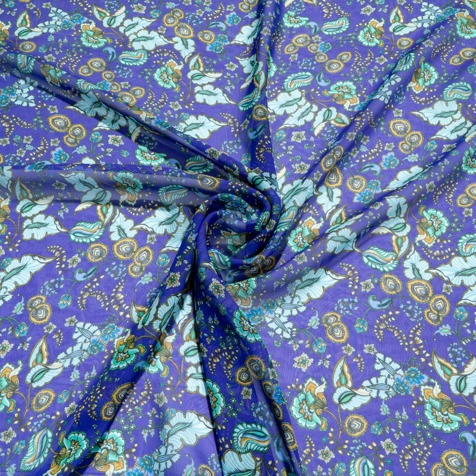 Turquoise & Yellow Floral Printed Pure Silk Georgette
