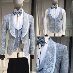 Tuxedo Suit with Contrasting light blue Lapel and Black Pants