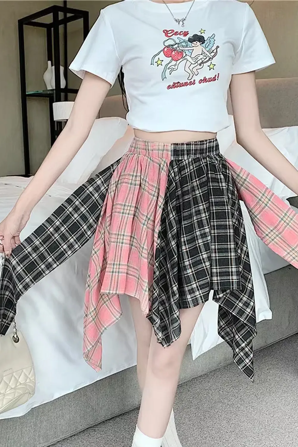 Two Tone Plaid Colors Mini Skirts