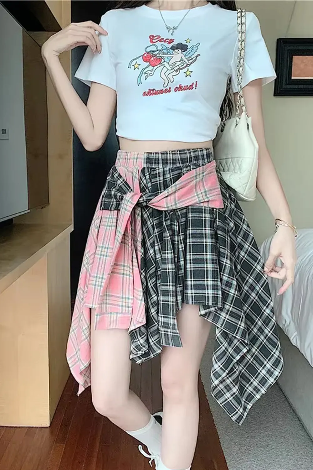 Two Tone Plaid Colors Mini Skirts