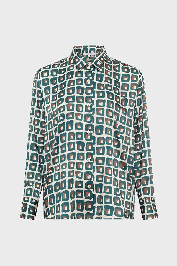 UMAYA GREEN GEOMETRIC PRINT SHINY SHIRT