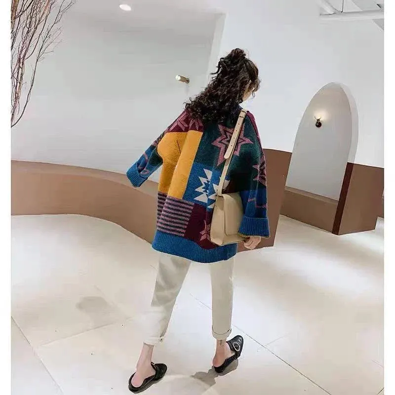 Unique Geometrical Pattern Knit Cardigan Sweater
