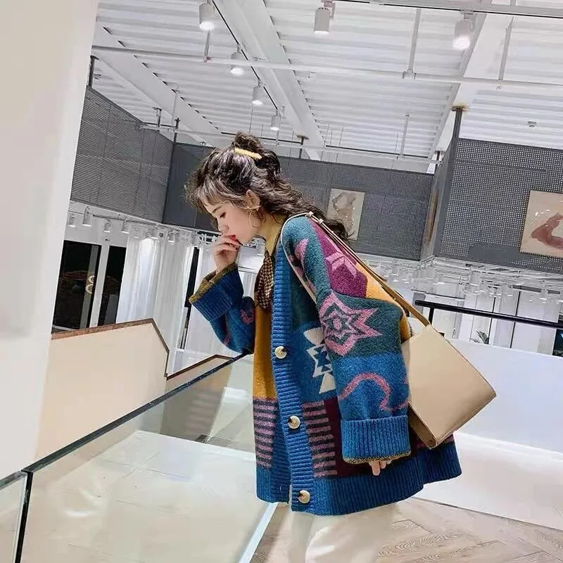 Unique Geometrical Pattern Knit Cardigan Sweater