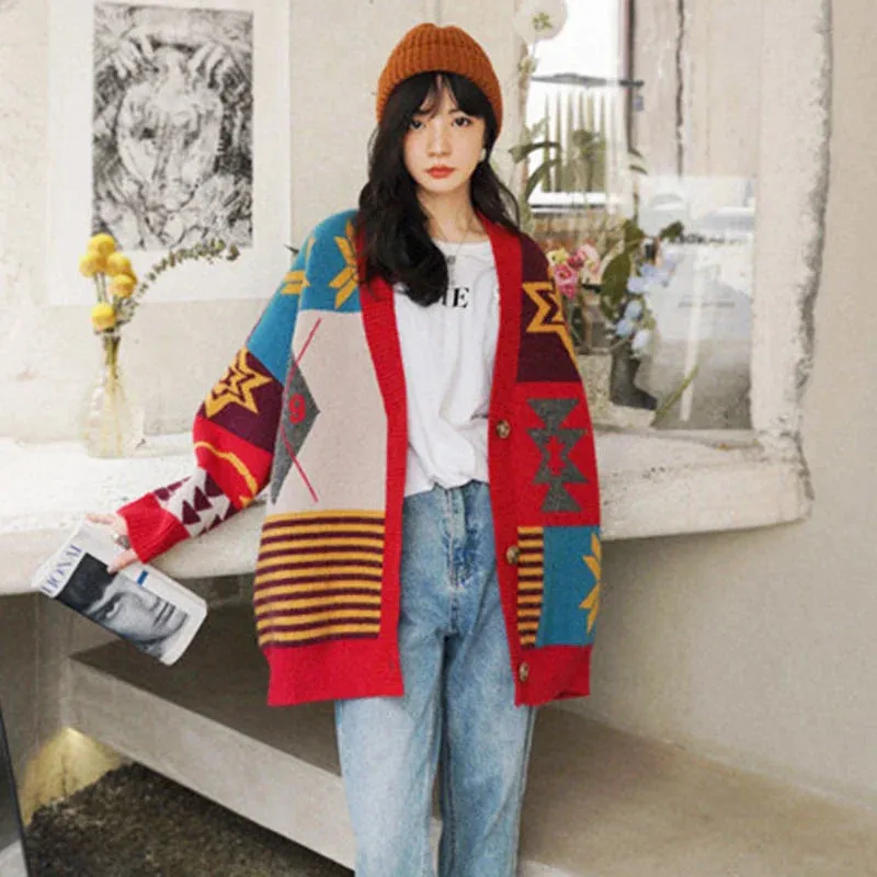 Unique Geometrical Pattern Knit Cardigan Sweater