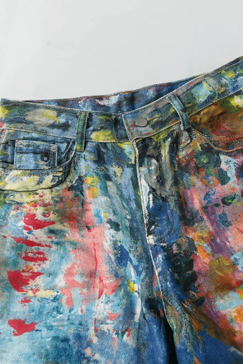 Unisex Colorblock Denim - Oil Painting Effect Relaxed Fit Pants