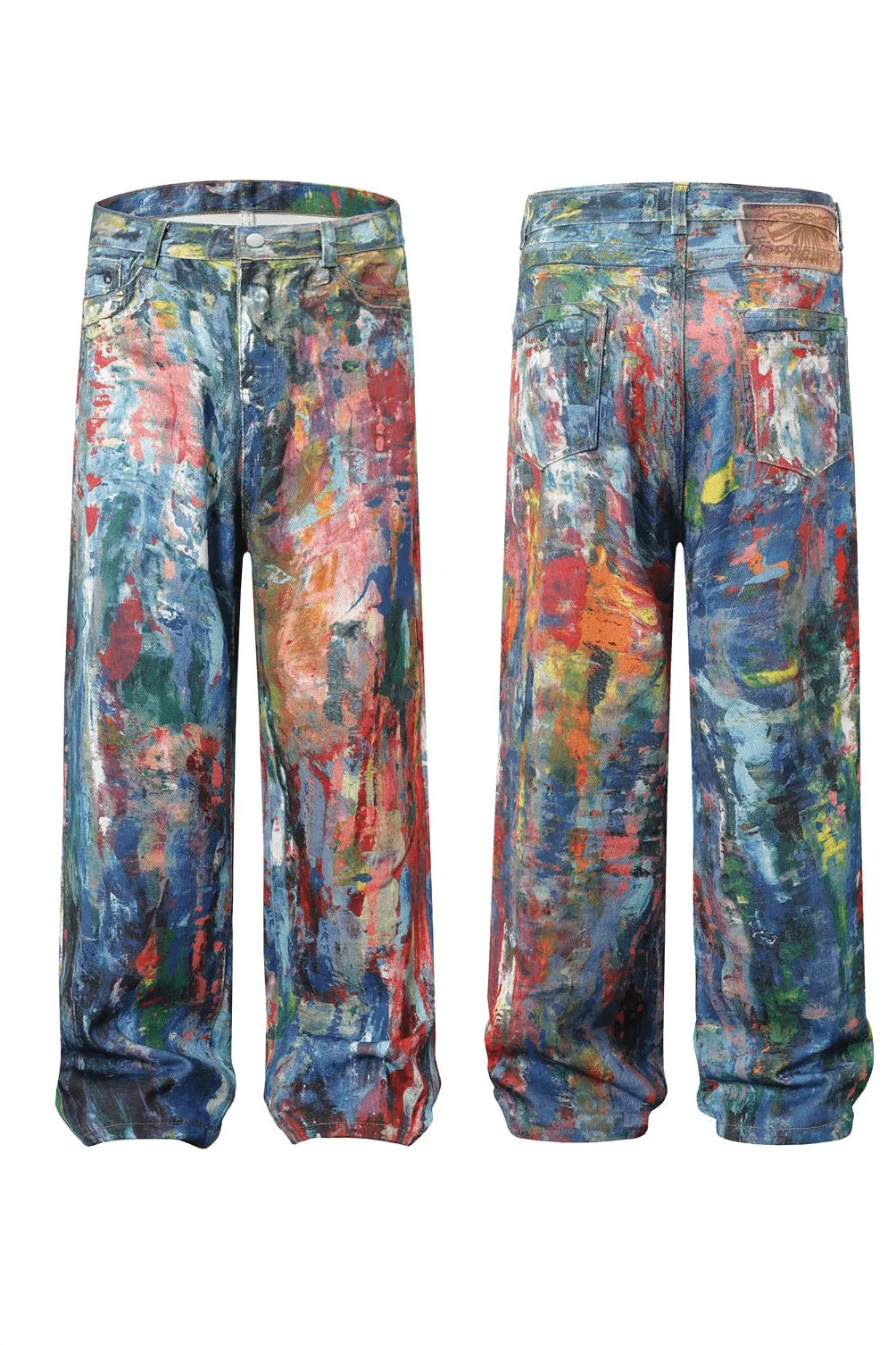 Unisex Colorblock Denim - Oil Painting Effect Relaxed Fit Pants