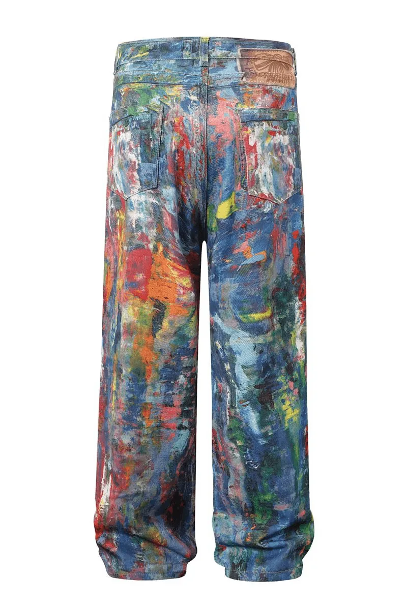 Unisex Colorblock Denim - Oil Painting Effect Relaxed Fit Pants