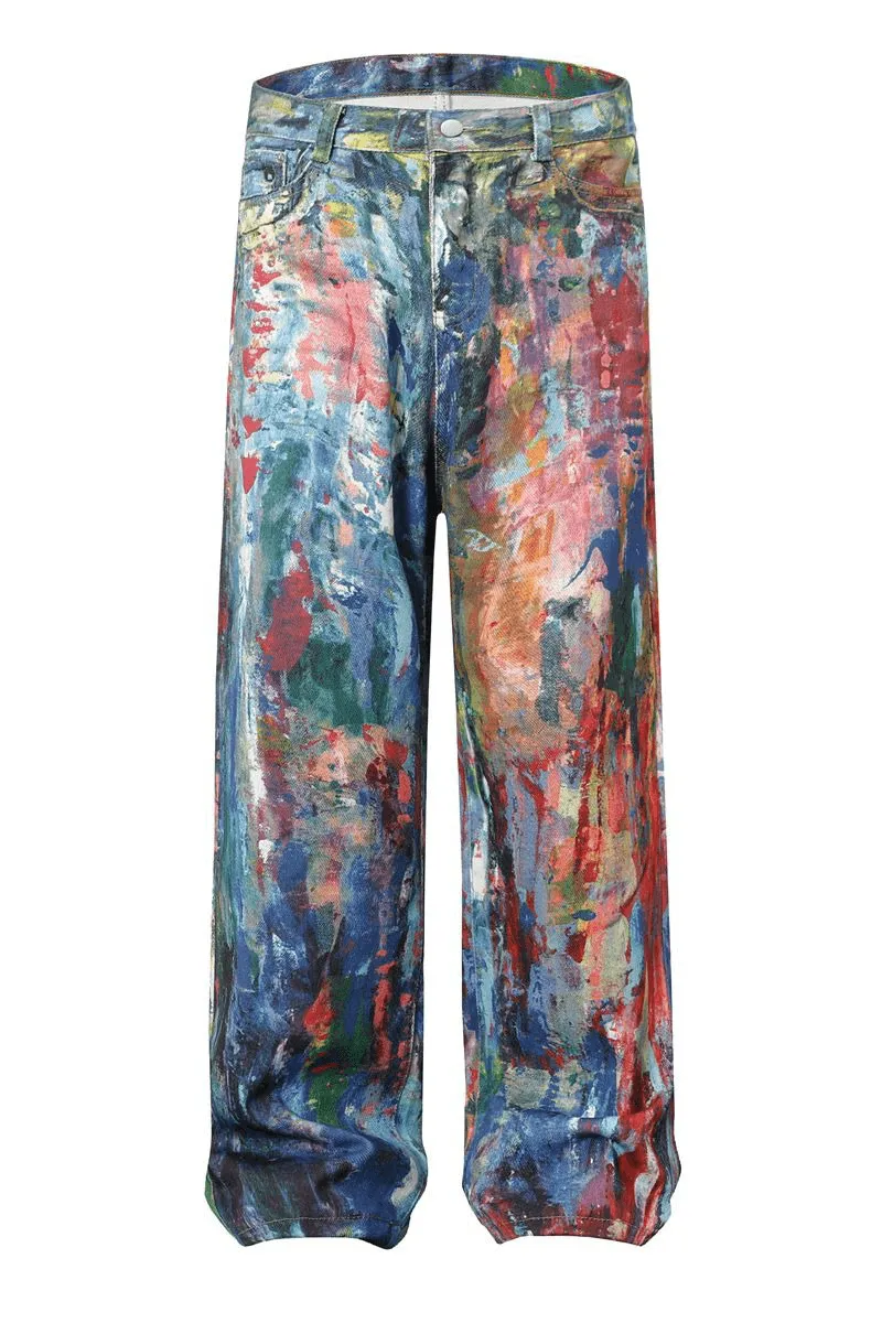 Unisex Colorblock Denim - Oil Painting Effect Relaxed Fit Pants