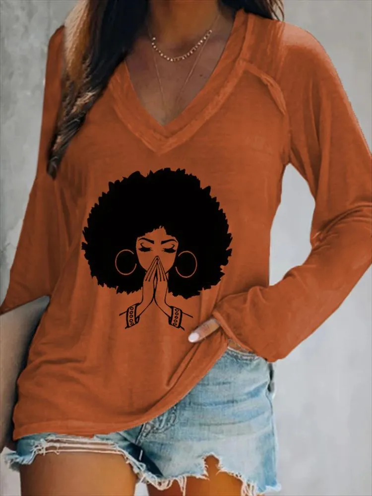 V-neck Afro Girl Making A Wish Long Sleeve T-shirt