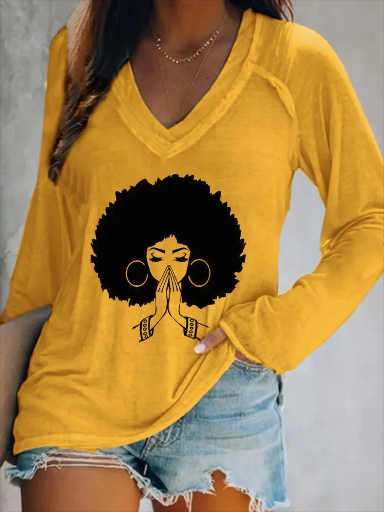 V-neck Afro Girl Making A Wish Long Sleeve T-shirt