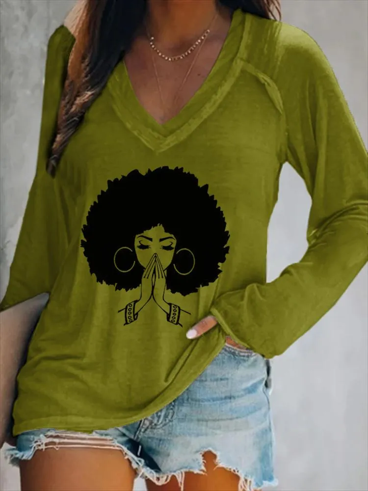 V-neck Afro Girl Making A Wish Long Sleeve T-shirt