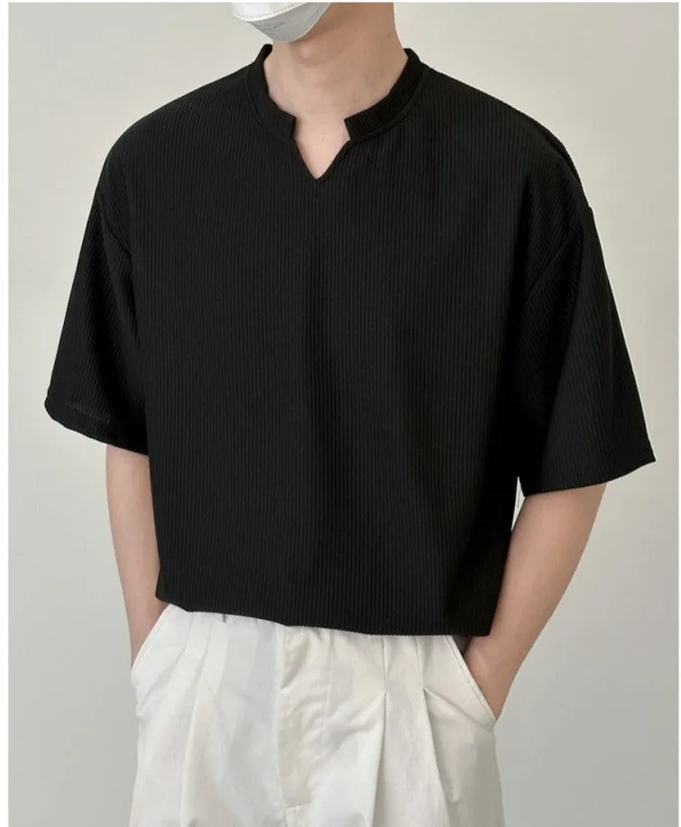 V-Neck Design Pleated T-Shirt
