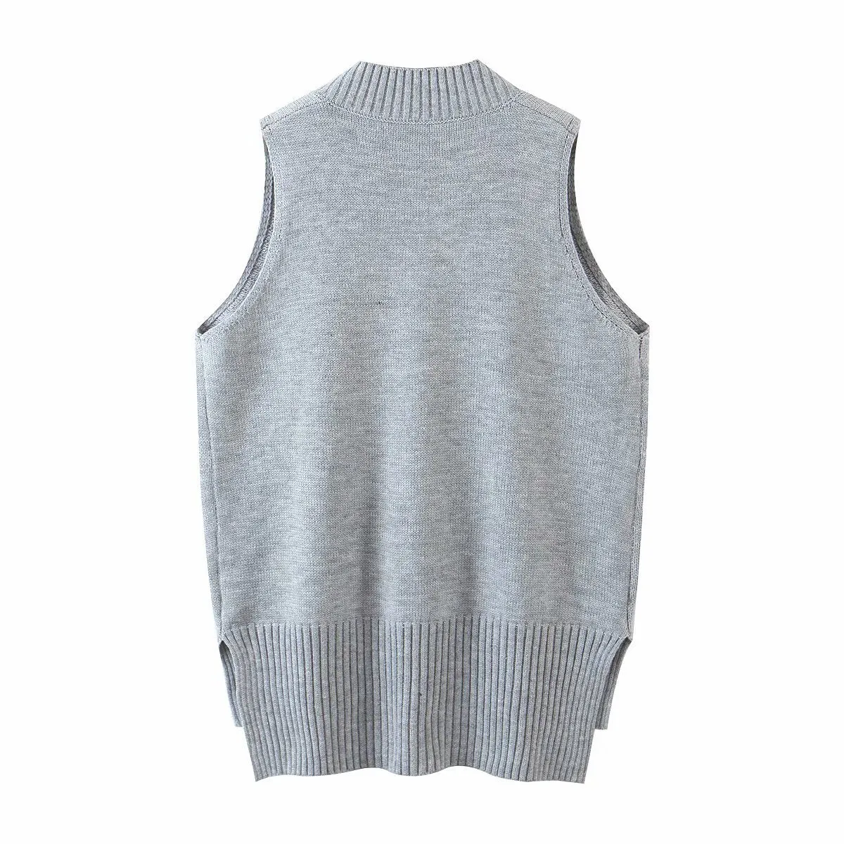 V-neck Irregular Hem Splicing Knit Vest Sweaters