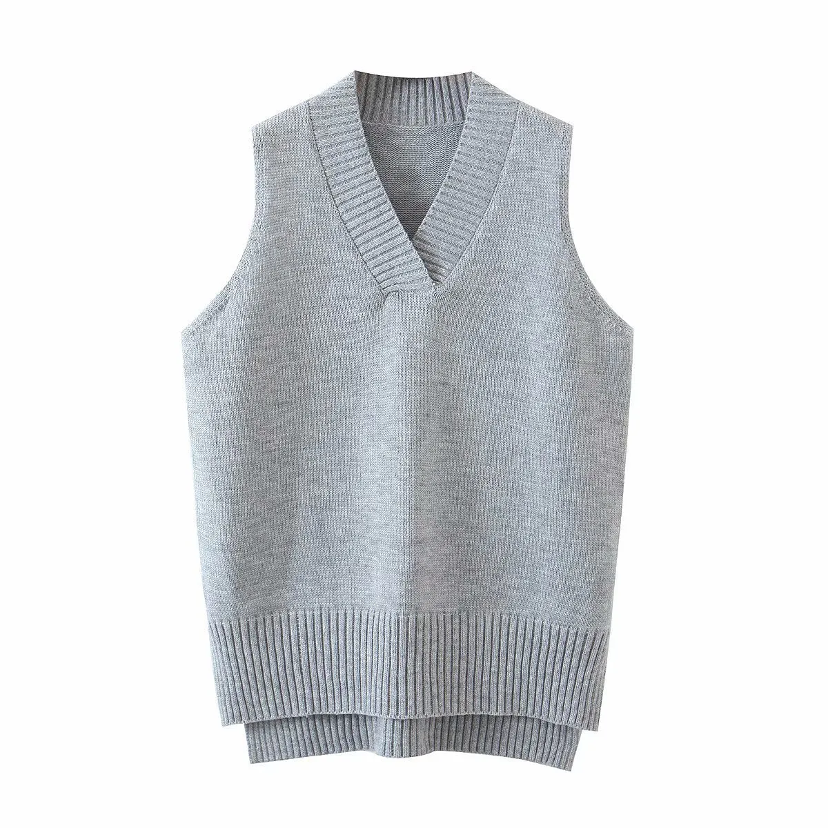 V-neck Irregular Hem Splicing Knit Vest Sweaters