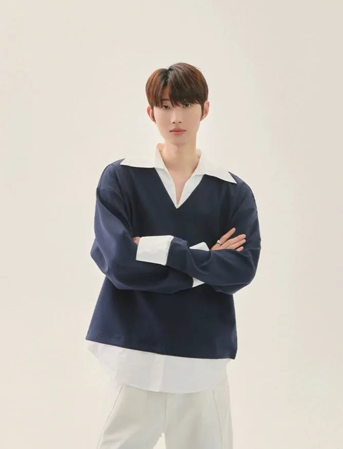 V-Neck Patchwork Long-Sleeve Pullover
