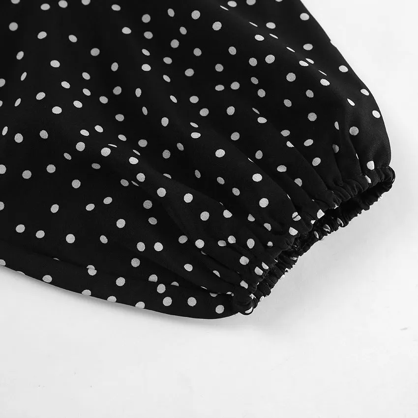 V-neck Puff Sleeve Polka Dot Long Sleeve Lotus Leaf Dress