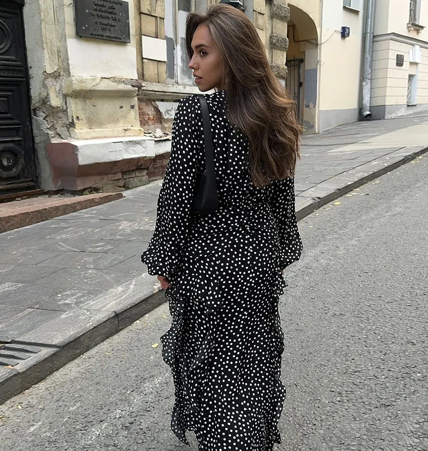 V-neck Puff Sleeve Polka Dot Long Sleeve Lotus Leaf Dress