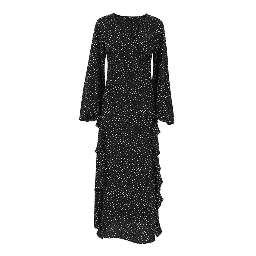 V-neck Puff Sleeve Polka Dot Long Sleeve Lotus Leaf Dress