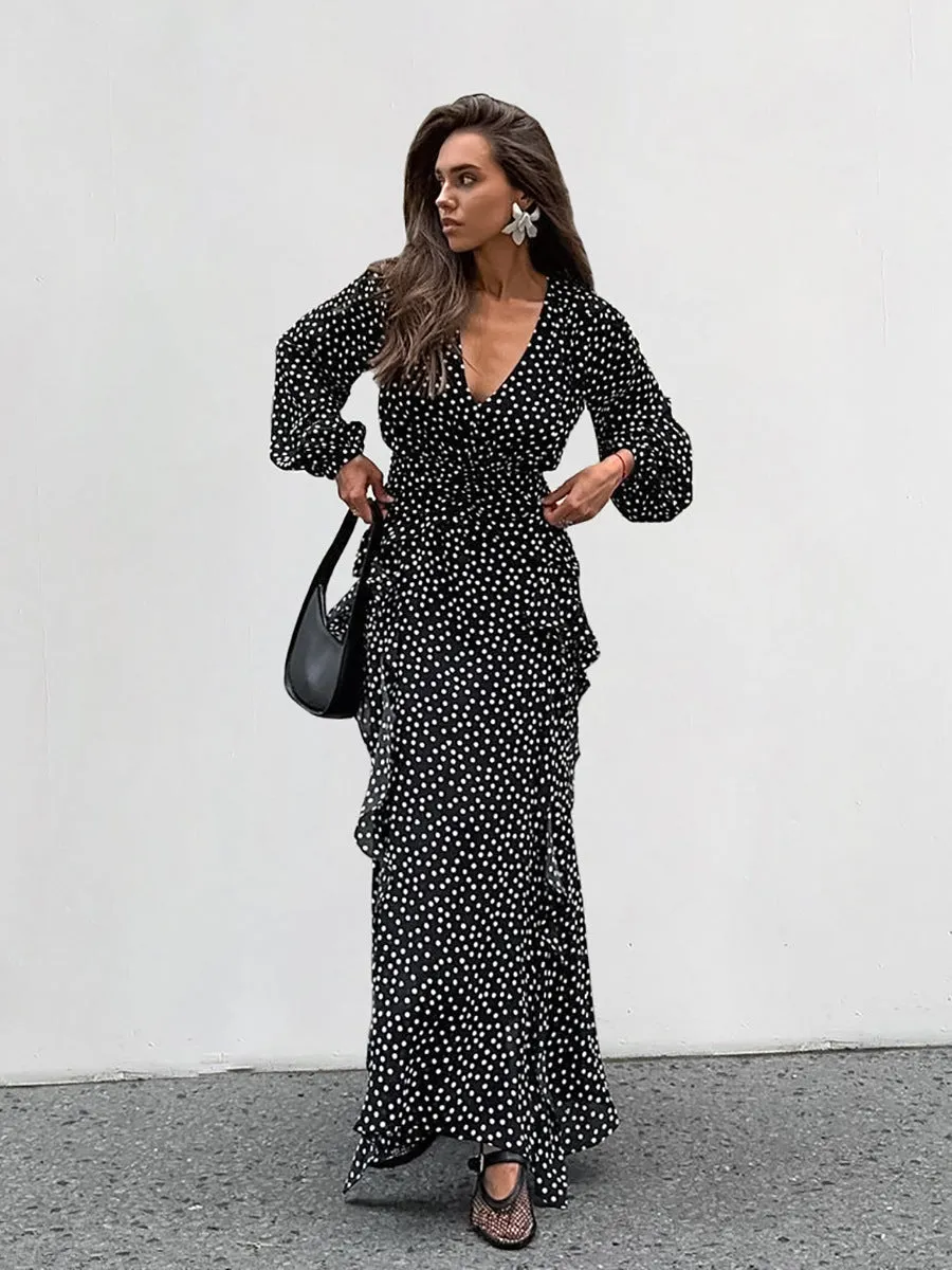 V-neck Puff Sleeve Polka Dot Long Sleeve Lotus Leaf Dress