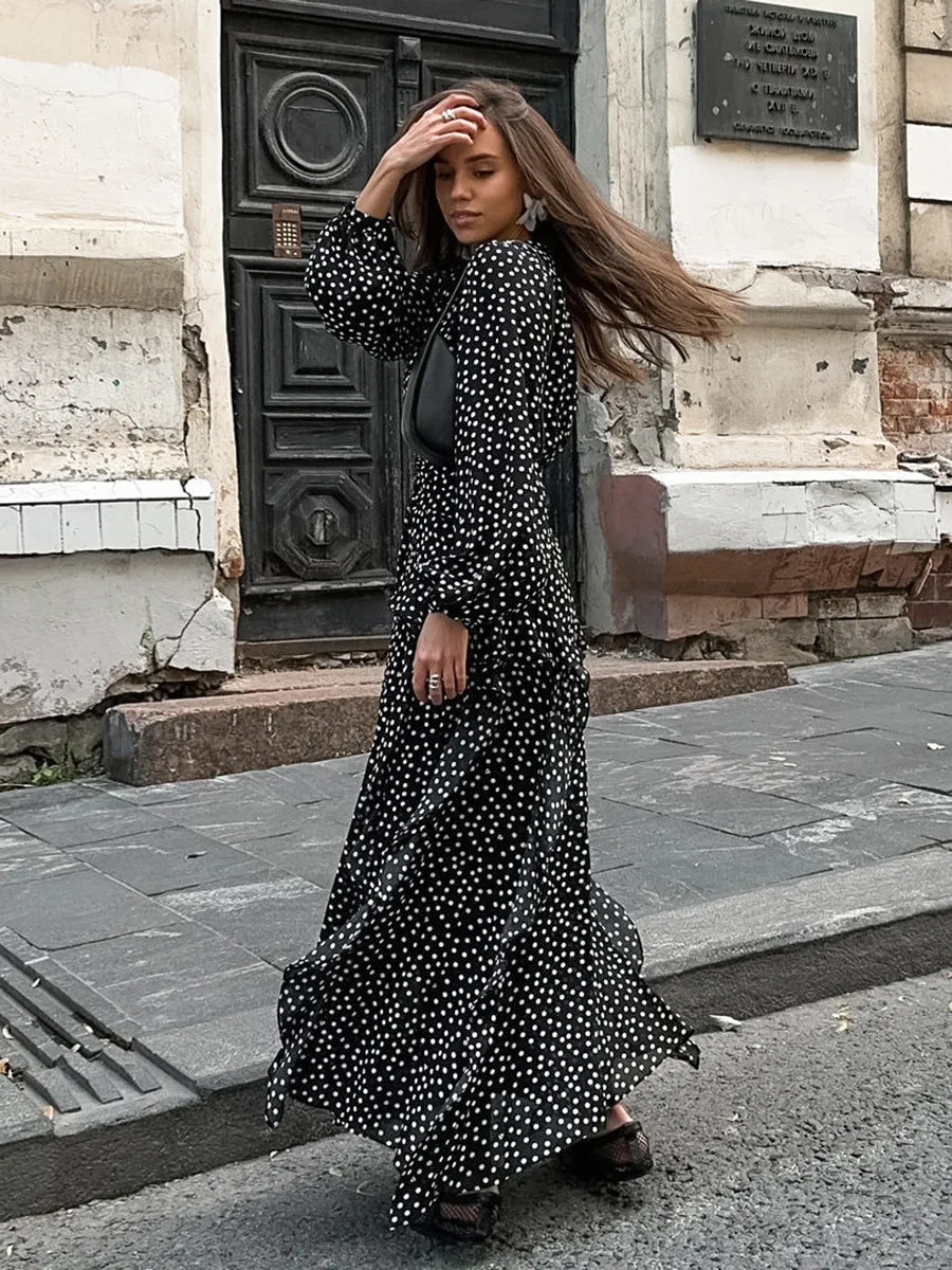 V-neck Puff Sleeve Polka Dot Long Sleeve Lotus Leaf Dress