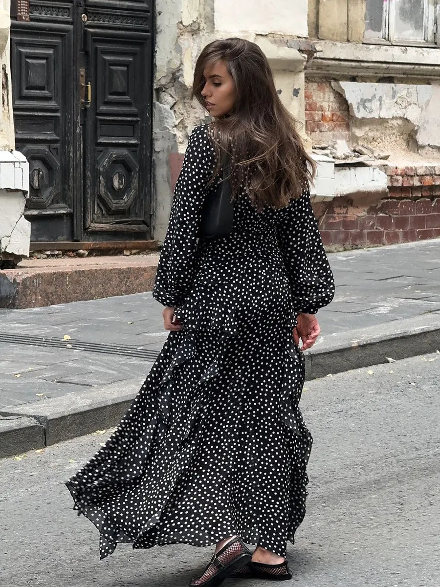 V-neck Puff Sleeve Polka Dot Long Sleeve Lotus Leaf Dress