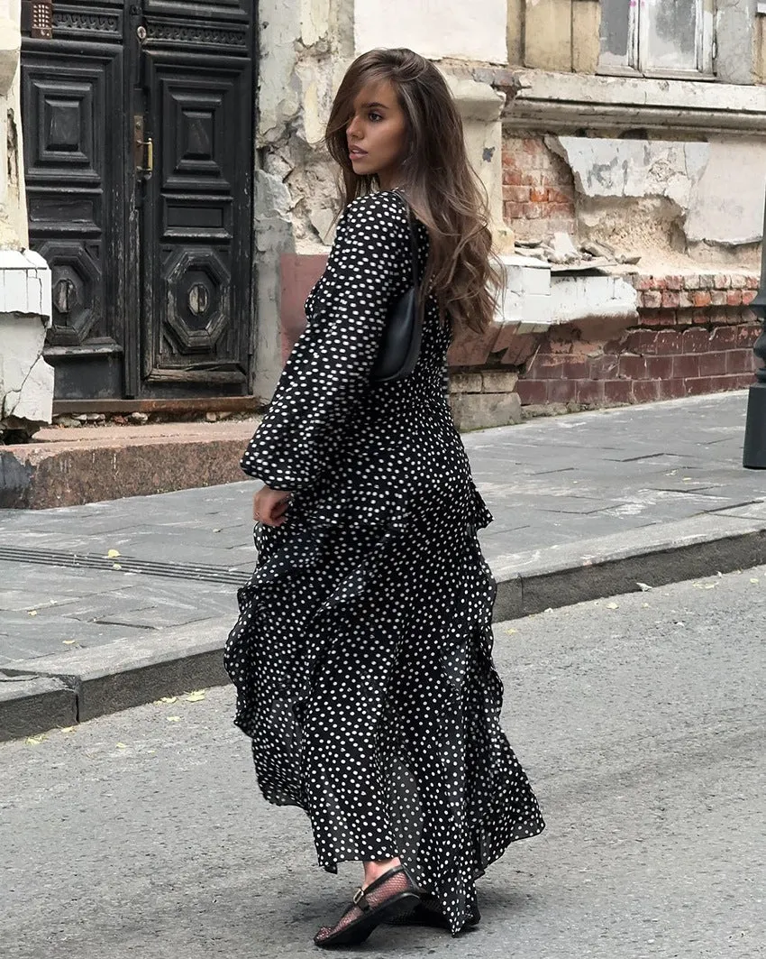 V-neck Puff Sleeve Polka Dot Long Sleeve Lotus Leaf Dress