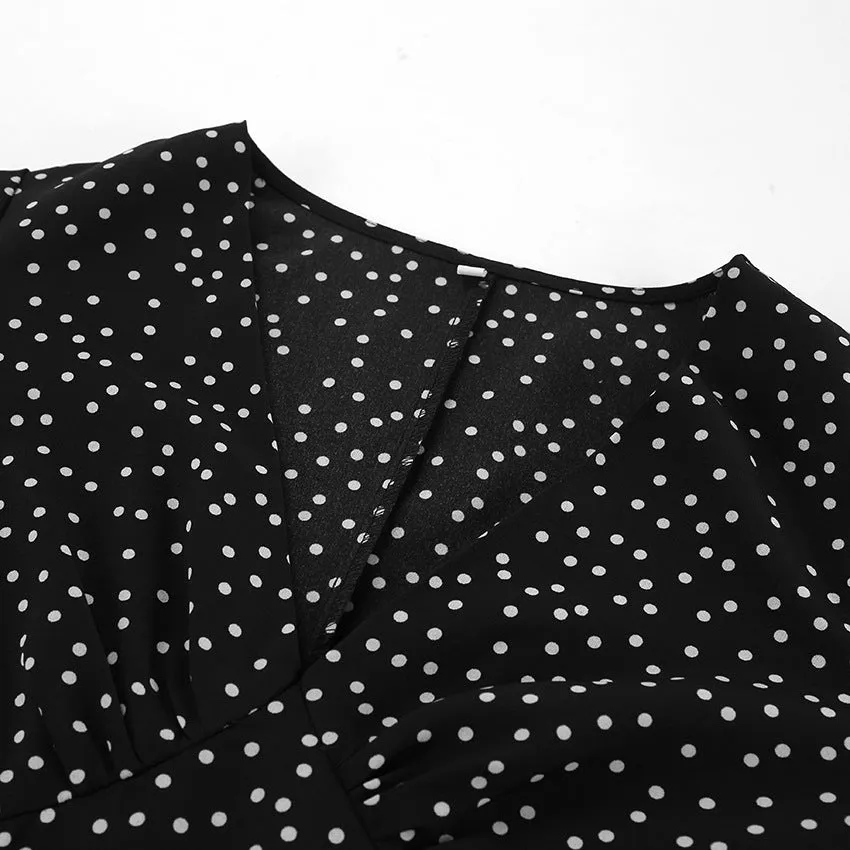 V-neck Puff Sleeve Polka Dot Long Sleeve Lotus Leaf Dress