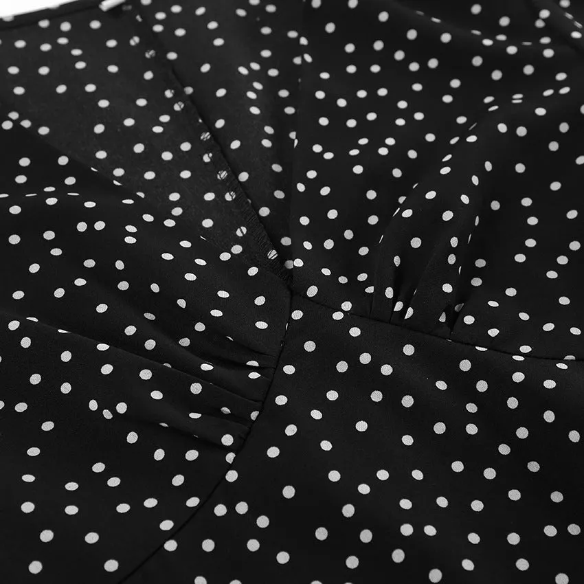 V-neck Puff Sleeve Polka Dot Long Sleeve Lotus Leaf Dress