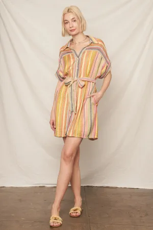 Vanessa Multicolor Striped Belted Mini Shirt Dress