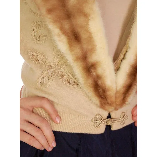Vintage Beige Cashmere Cardigan Lace Cut Outs Mink Collar 1950s