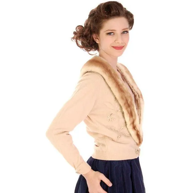 Vintage Beige Cashmere Cardigan Lace Cut Outs Mink Collar 1950s