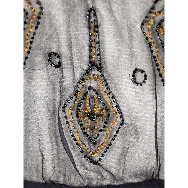 Vintage Blouse Black Sheer Silk Chiffon w Yellow Beads  1920s M-L