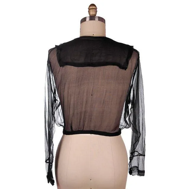 Vintage Blouse Black Sheer Silk Chiffon w Yellow Beads  1920s M-L