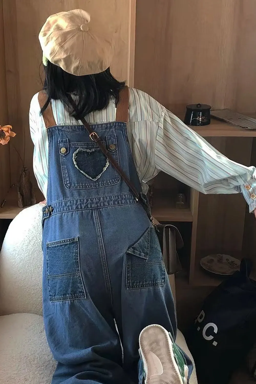 Vintage Heart Back Pattern Denim Long Jumpsuits