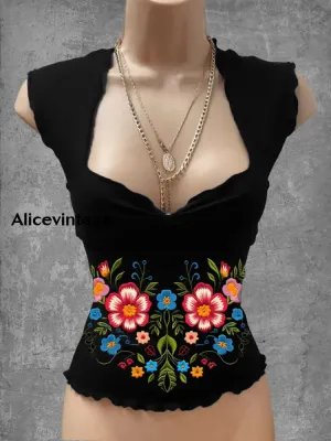 Vintage Mexican Floral Art Print V-Neck Casual Top