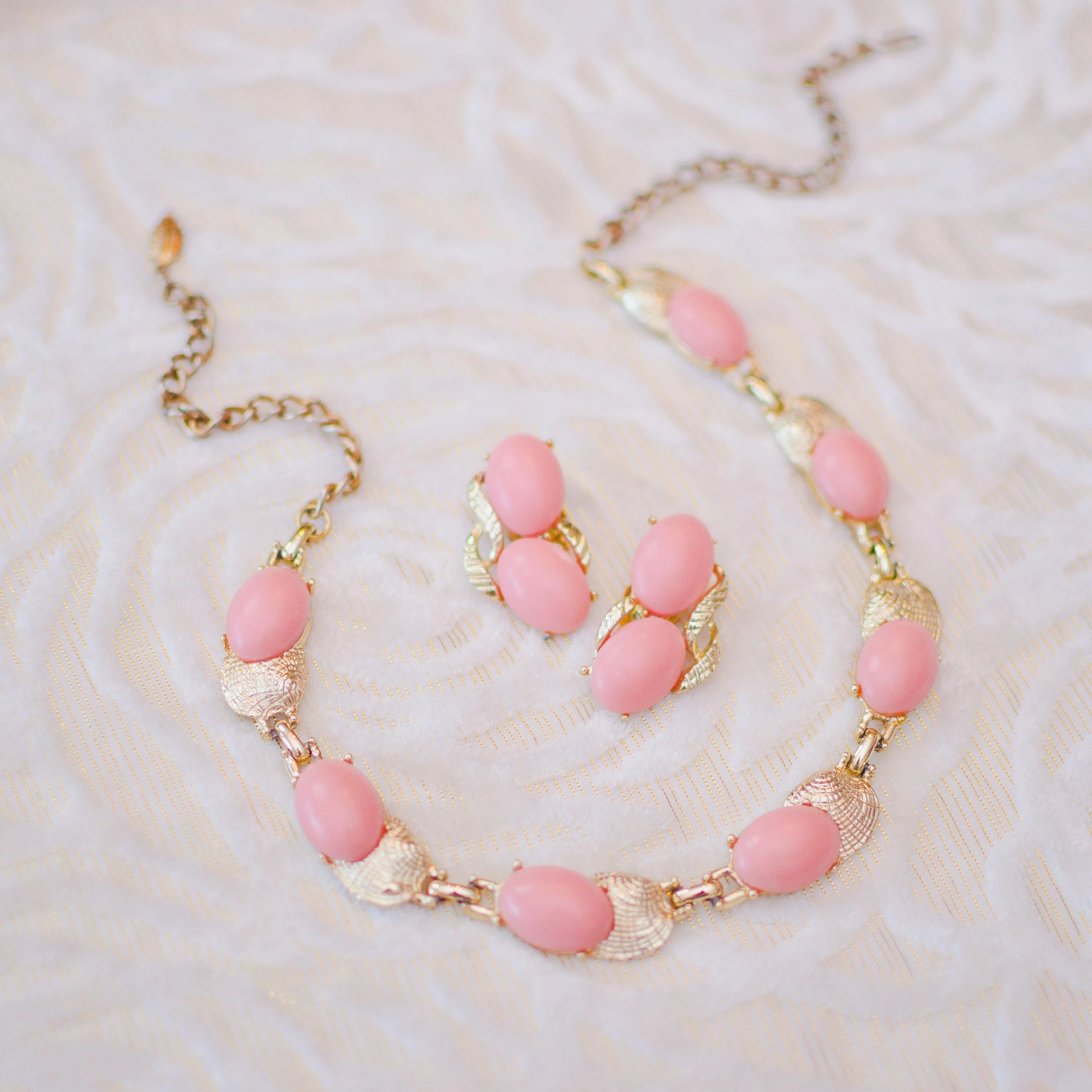 Vintage Pink Lucite Necklace, Gold Tone, Hook Clasp